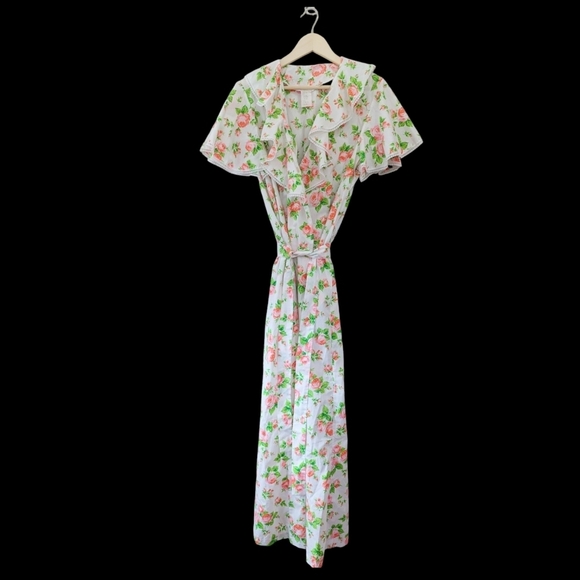 Vintage 70s Prairie Rose Floral Ruffle Long Robe Cottagecore - Picture 2 of 13